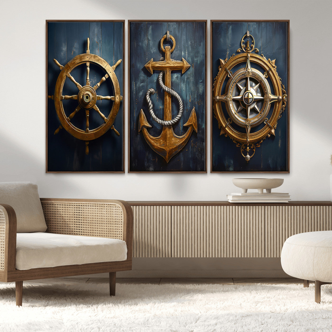 MGV-FC-48X32-3P - Boat Anchor Compass With Rope Wall Art Canvas Print | Beach House Wall Art