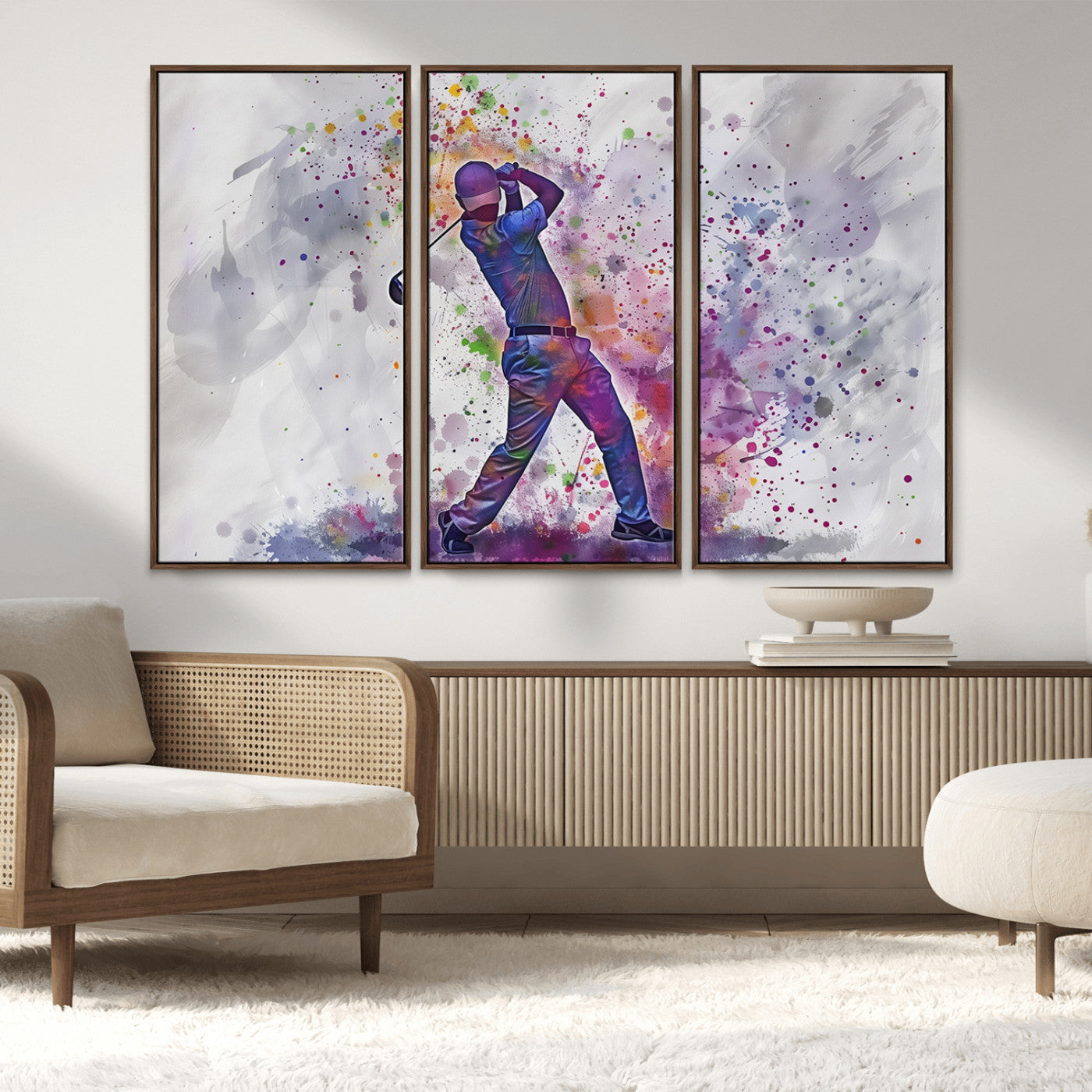 MGV-FC-48X32-3P - Watercolor Golf Swing Wall Art Canvas Print | Vibrant Abstract Golf Player Silhouette |