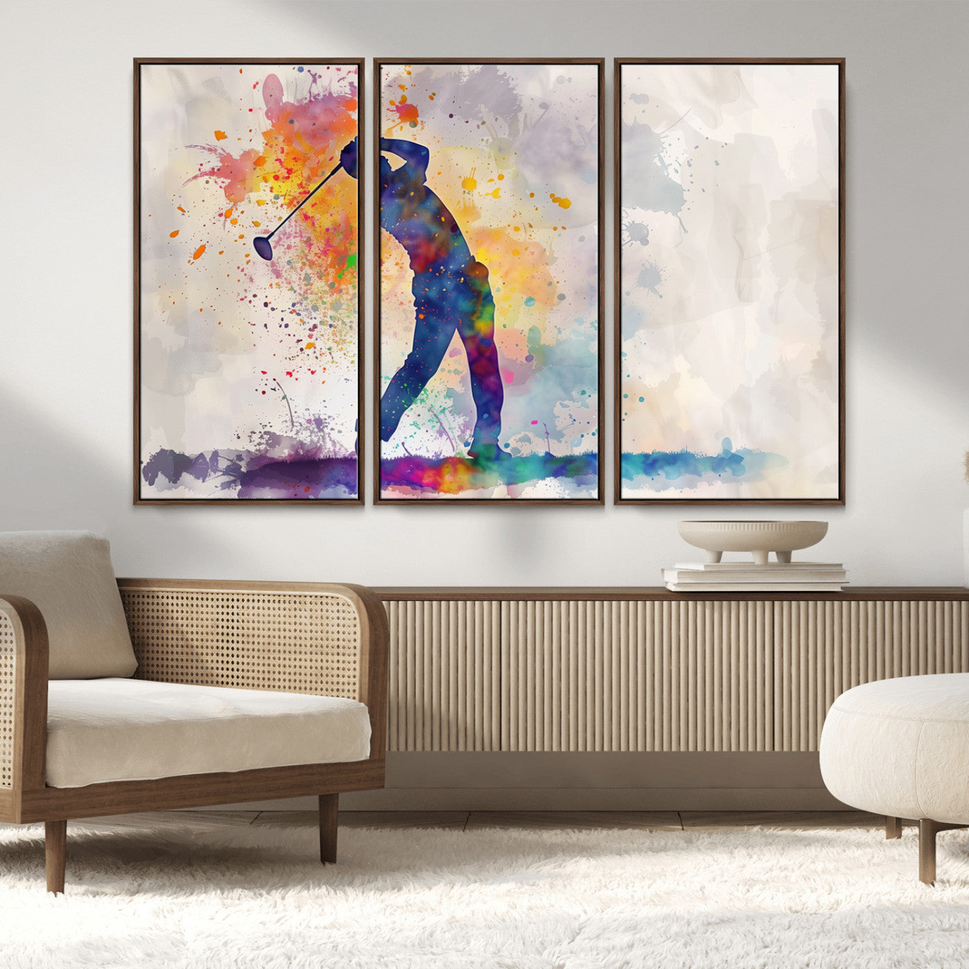 MGV-FC-48X32-3P - Watercolor Golf Swing Wall Art Canvas Print | Vibrant Abstract Golf Player Silhouette |