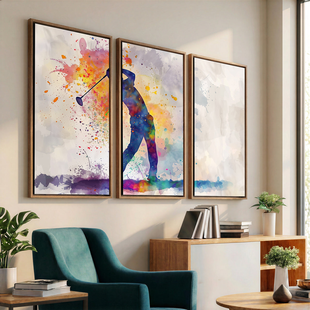 89625-MGV-CV-36X24 - Vibrant Watercolor Golf Swing Wall Art Canvas Print | Extra Large 3 Piece Canvas Wall Art