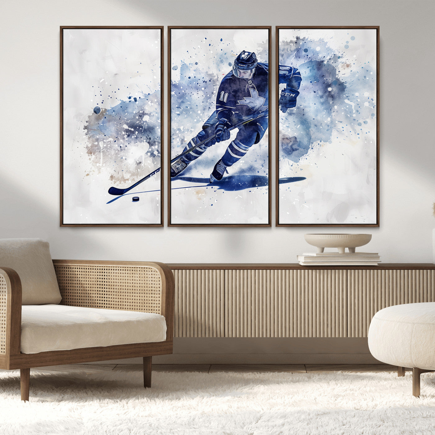 MGV-FC-48X32-3P - Hockey Player Wall Art Canvas Print - Sports-Inspired Watercolor Decor - Ready to Hang
