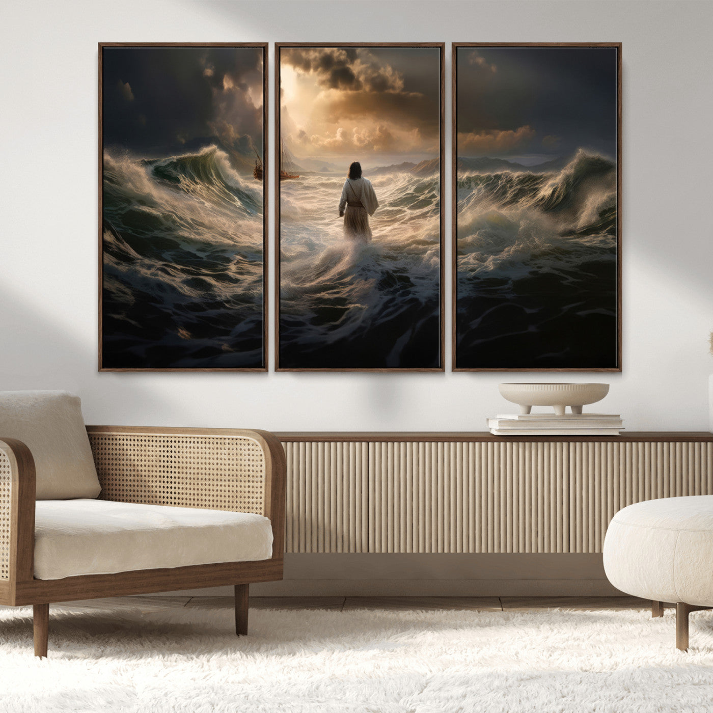 MGV-FC-48X32-3P - Jesus Walking on Water Wall Art Canvas Print - Religious Spiritual Decor - Jesus Wall Art Canvas