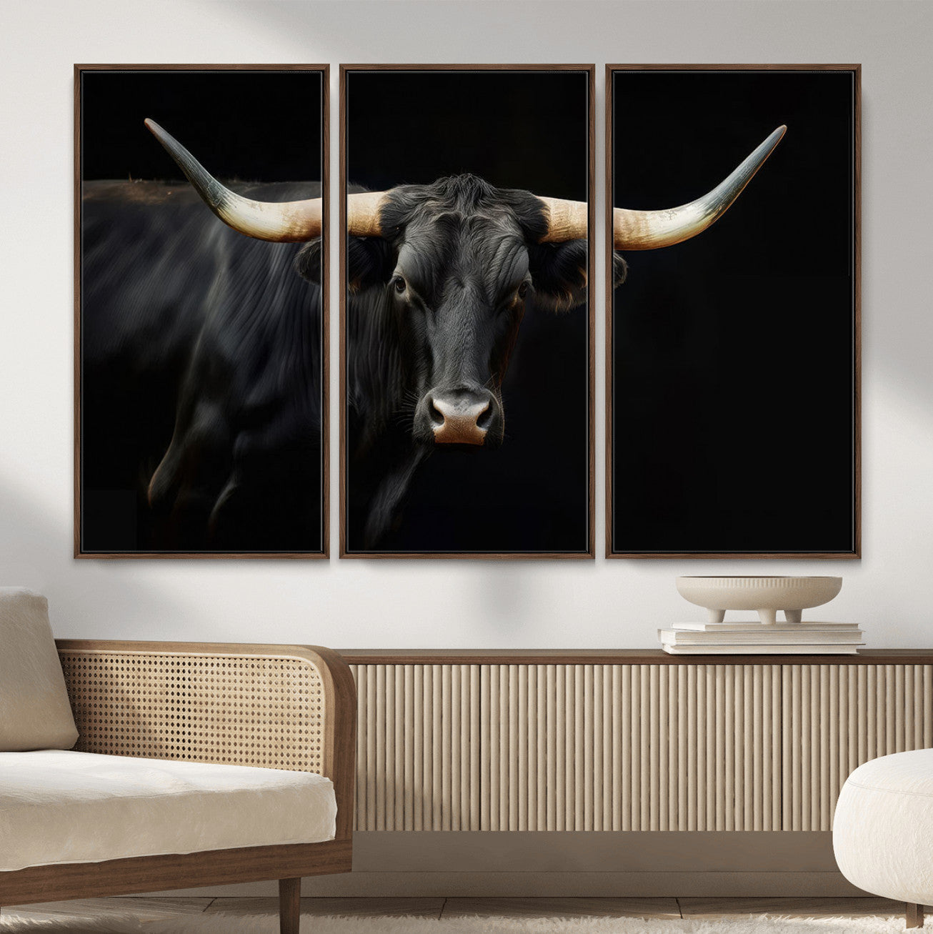 63798-MGV-CV-36X24 - Texas Longhorn Cow | Majestic Black Bull Wall Art Canvas Print - Farmhouse Animal Decor - Ready to