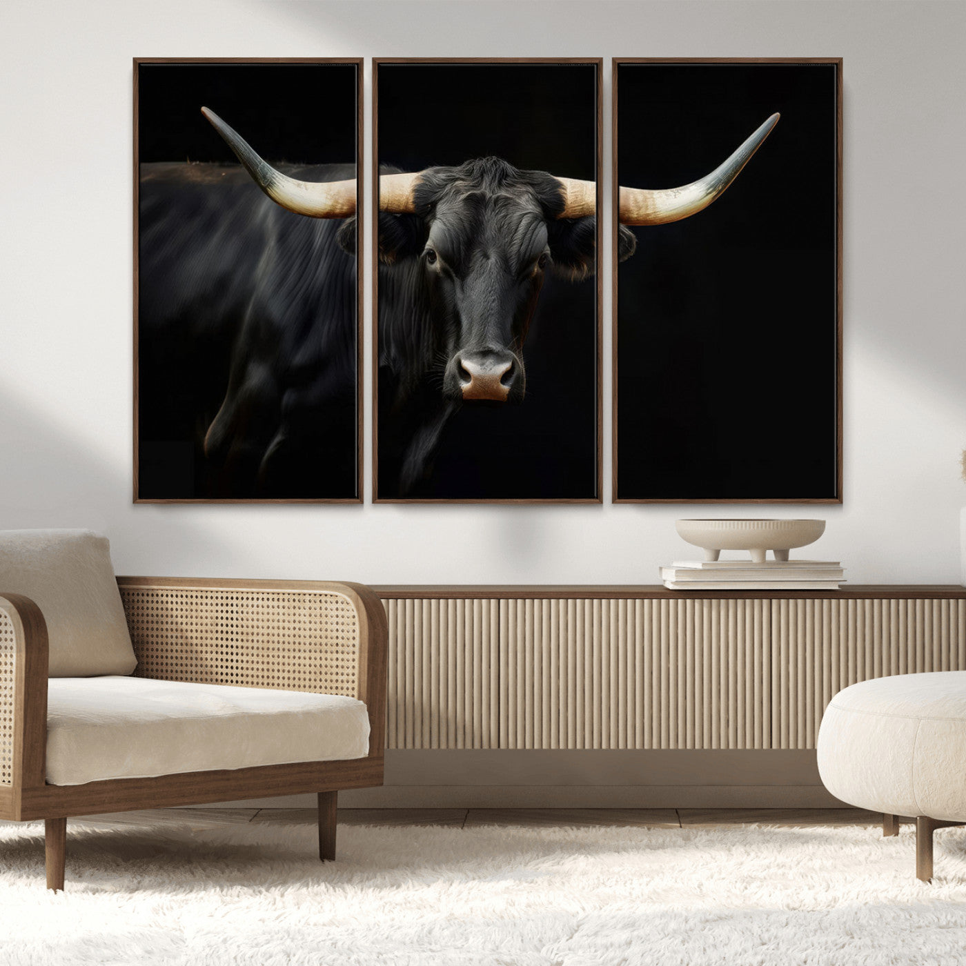 MGV-FC-48X32-3P - Texas Longhorn Cow | Majestic Black Bull Wall Art Canvas Print - Farmhouse Animal Decor - Ready to