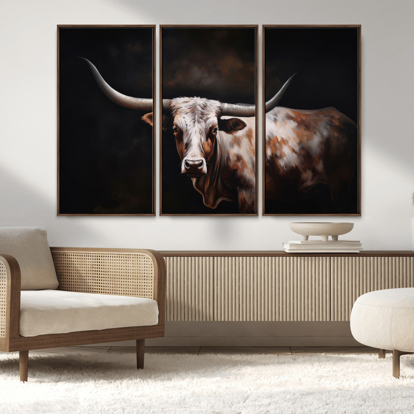 82543-MGV-FC-48X32-3P_Walnut-Texas Longhorn Wall Art Canvas Print | Western Ranch Decor | Bold Rustic Cattle Artwork | Ready to