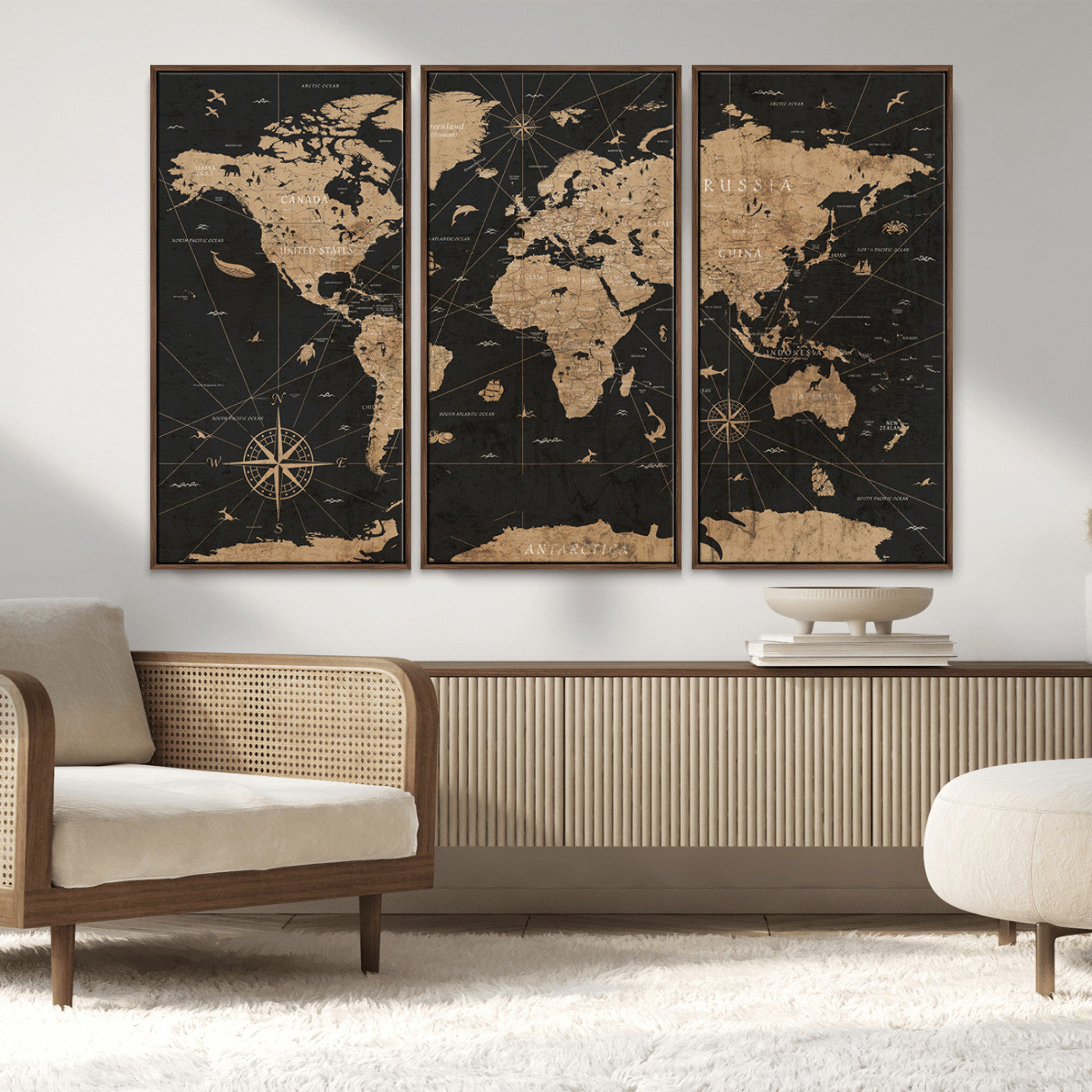 61023-MGV-FC-48X32-3P_Walnut-World Map Canvas Print – Framed Wall Art for Home Decor
