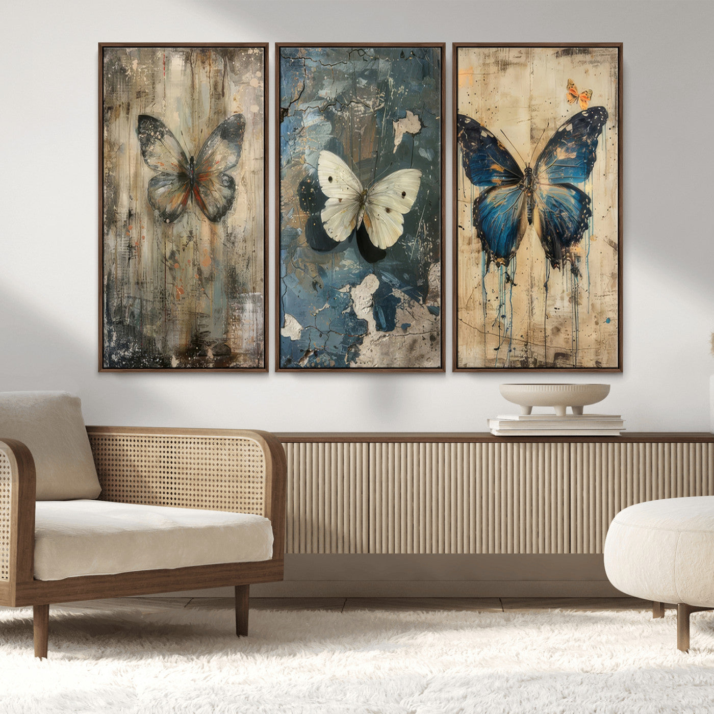 MGV-FC-48X32-3P - Butterfly Wall Art Trio | Vintage Butterfly Canvas Print | Ready to Hang Framed Artwork for