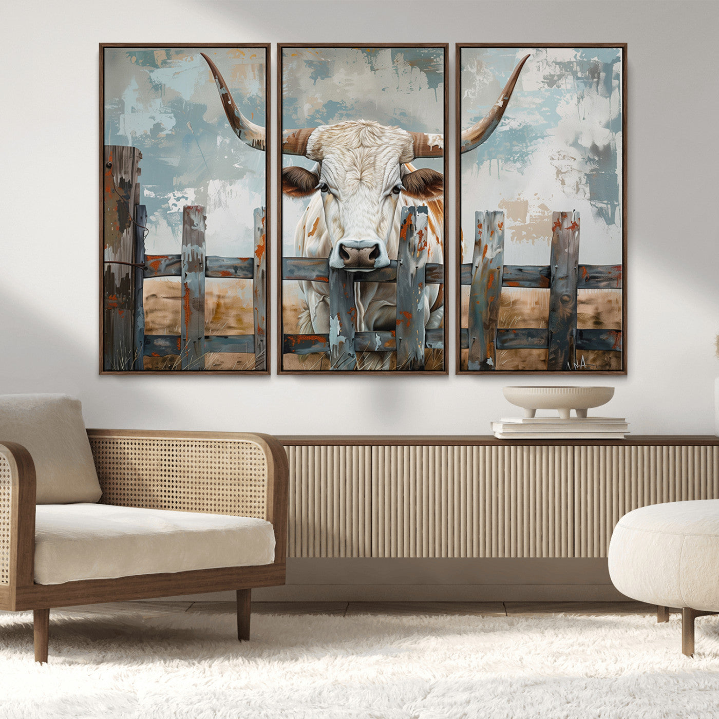 MGV-FC-48X32-3P - Vintage Cow Wall Art Canvas Print for Farmhouse Wall Decor Theme, Cattle Wall Art Print