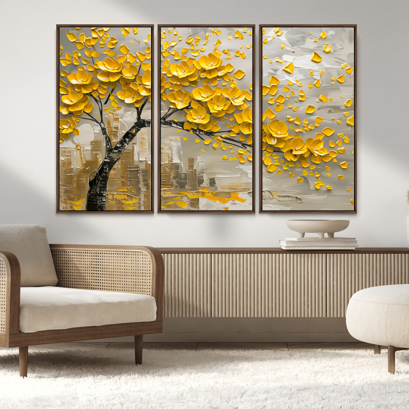 MGV-FC-48X32-3P - Yellow Blossom Tree Canvas Wall Art - Floral Abstract Modern Contemporary Artwork for Living Room or