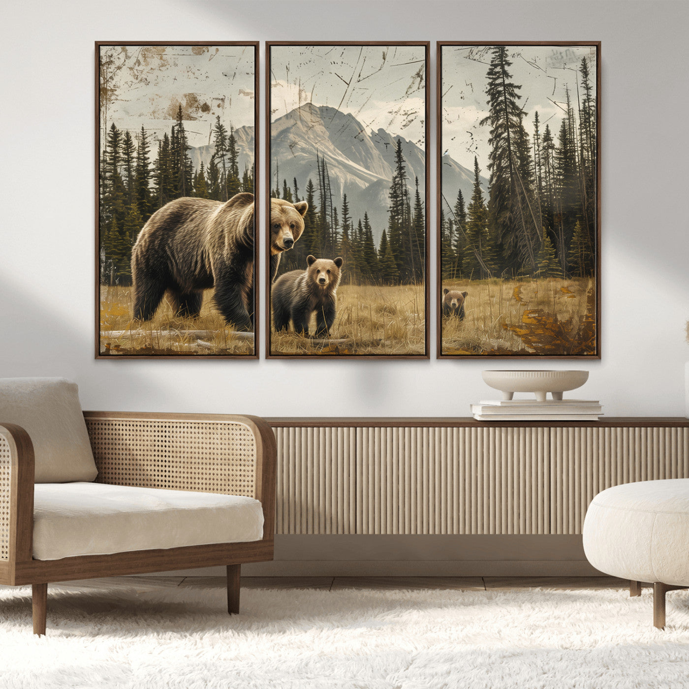 MGV-FC-48X32-3P - Rustic Grizzly 399 Bear Family Wall Art Canvas Print