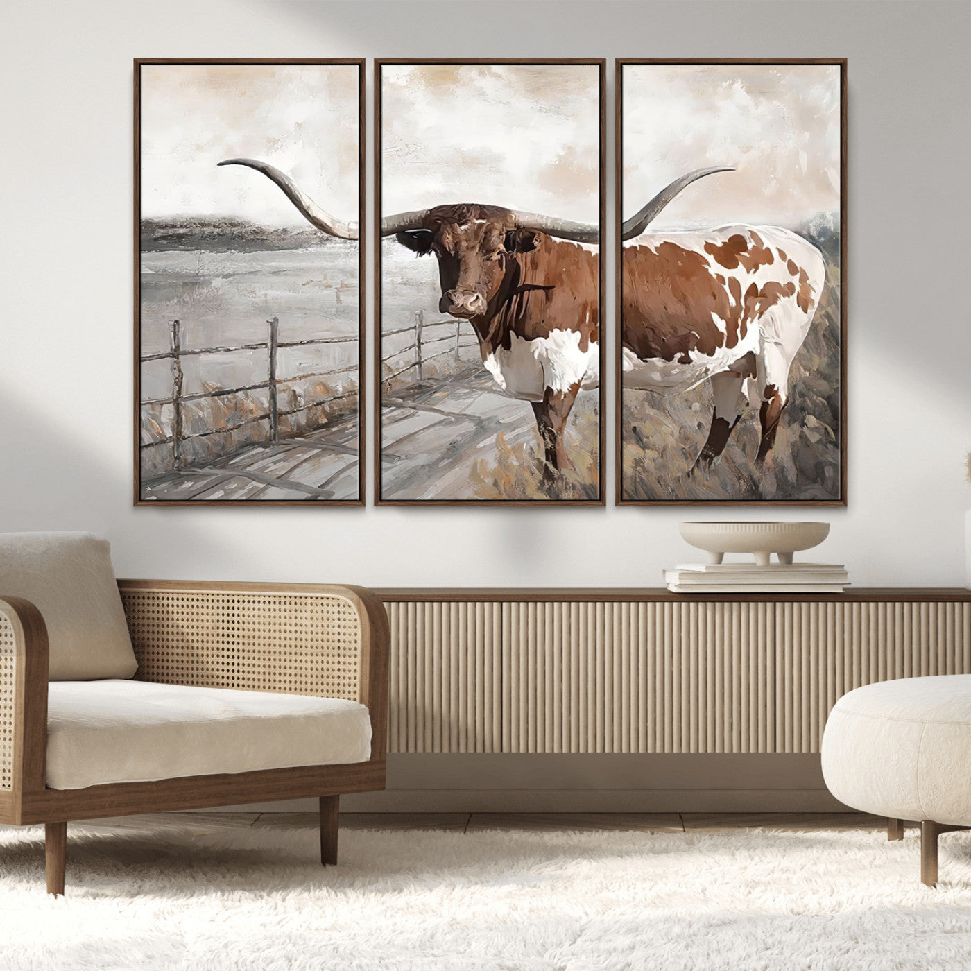 57340-MGV-FC-48X32-3P_Walnut-Vintage Texas Cow Wall Art Canvas Print, Rustic Longhorn Wall Art | Canvas Print for Farmhouse Decor