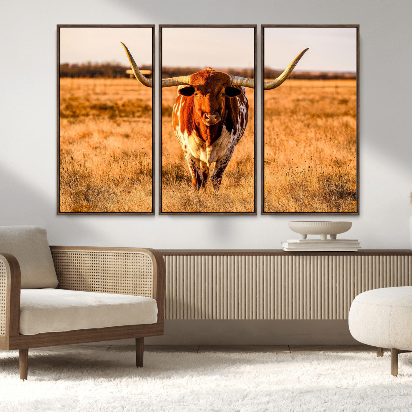 MGV-FC-48X32-3P - Longhorn Cow Wall Art | Ready to Hang Framed Canvas Print for Farmhouse and Barn Decor