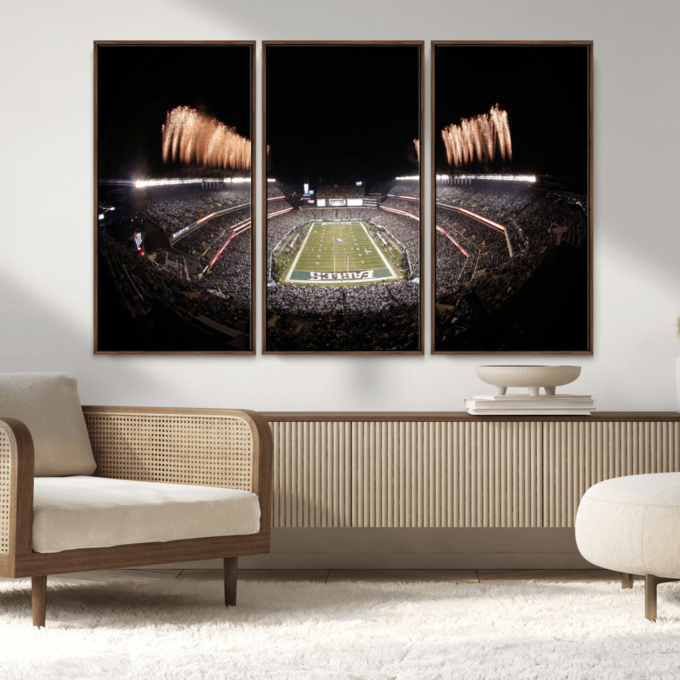 48893-MGV-FC-48X32-3P_Walnut-Eagles Field Stadium Wall Art - Lincoln Financial Field Fireworks Game Triple Canvas Wall Art -