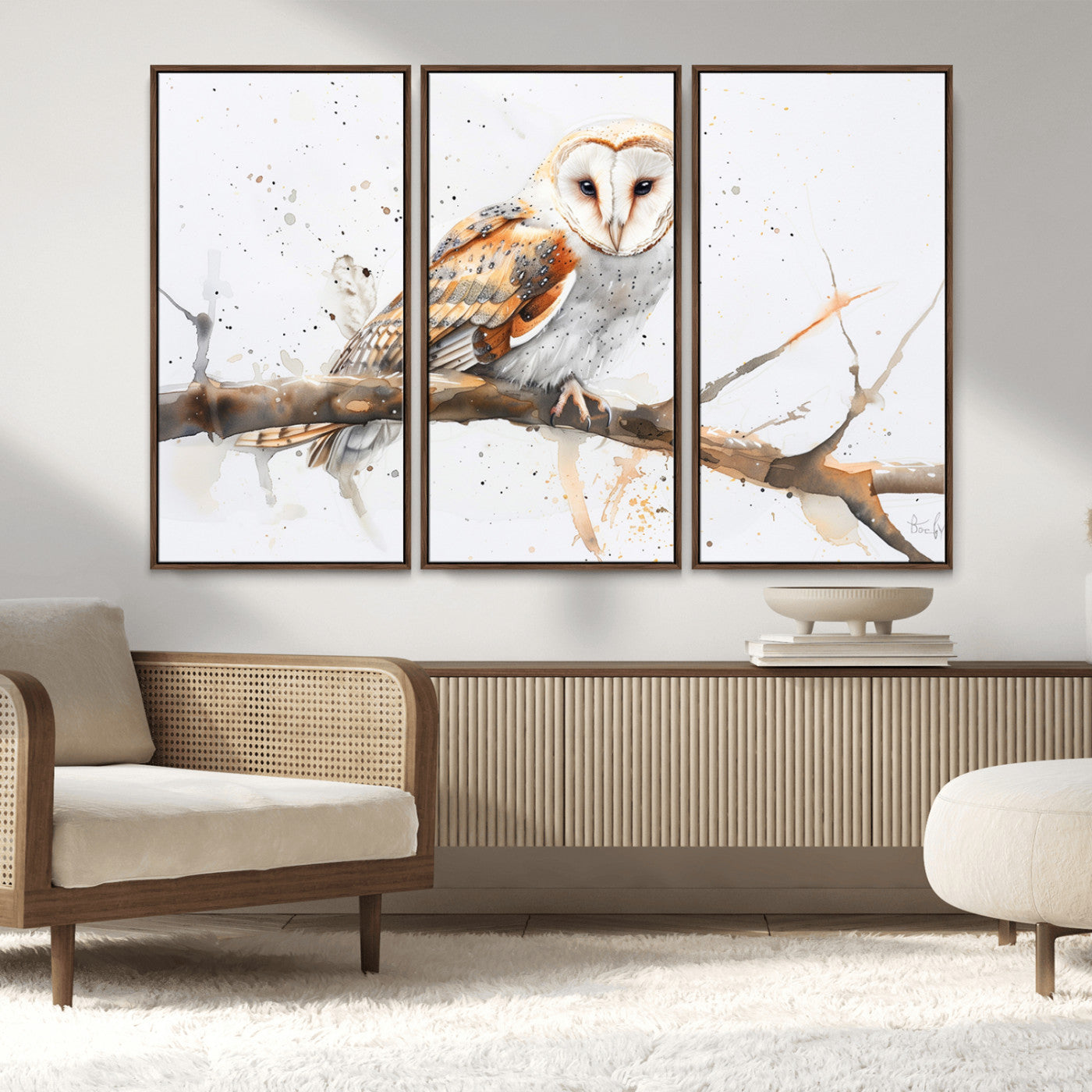 MGV-FC-48X32-3P - Barn Owl Wall Art on Branch | Stunning Canvas Print for Nature Lovers | Ready to Hang and Framed