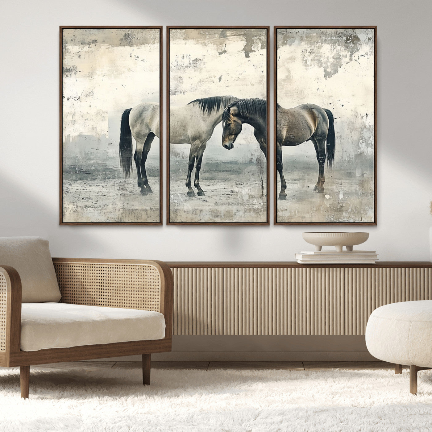 MGV-FC-48X32-3P - Chines Style Majestic Horses Wall Art | Ready to Hang and Framed Triptych Print | Western Farmhouse