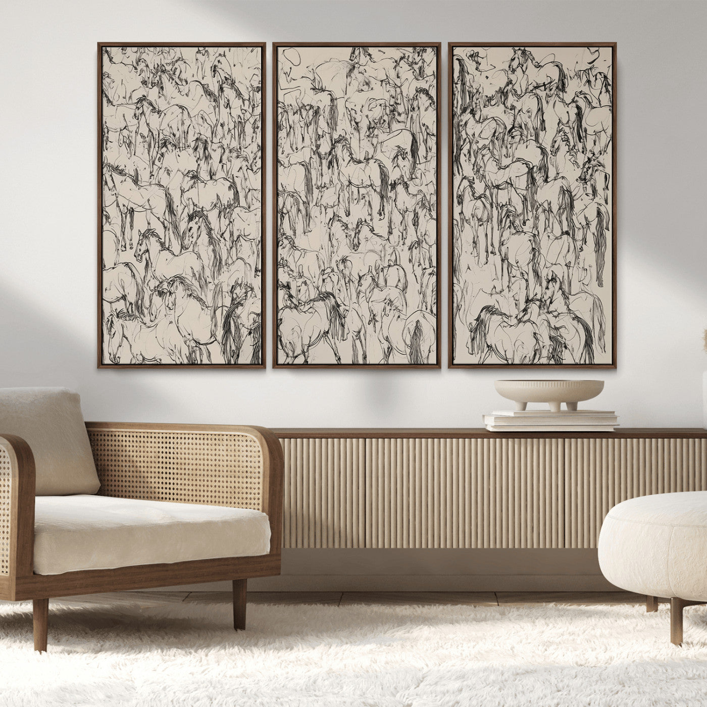 MGV-FC-48X32-3P - Abstract Horse Sketch Wall Art | Ready to Hang and Framed | Farmhouse Wall Decor for Living Room or