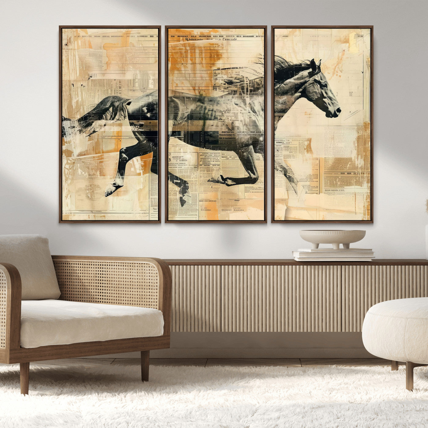 MGV-FC-48X32-3P - Chines Style Running Horse Western Wall Art | Farmhouse Wall Decor | Ready to Hang Framed Canvas