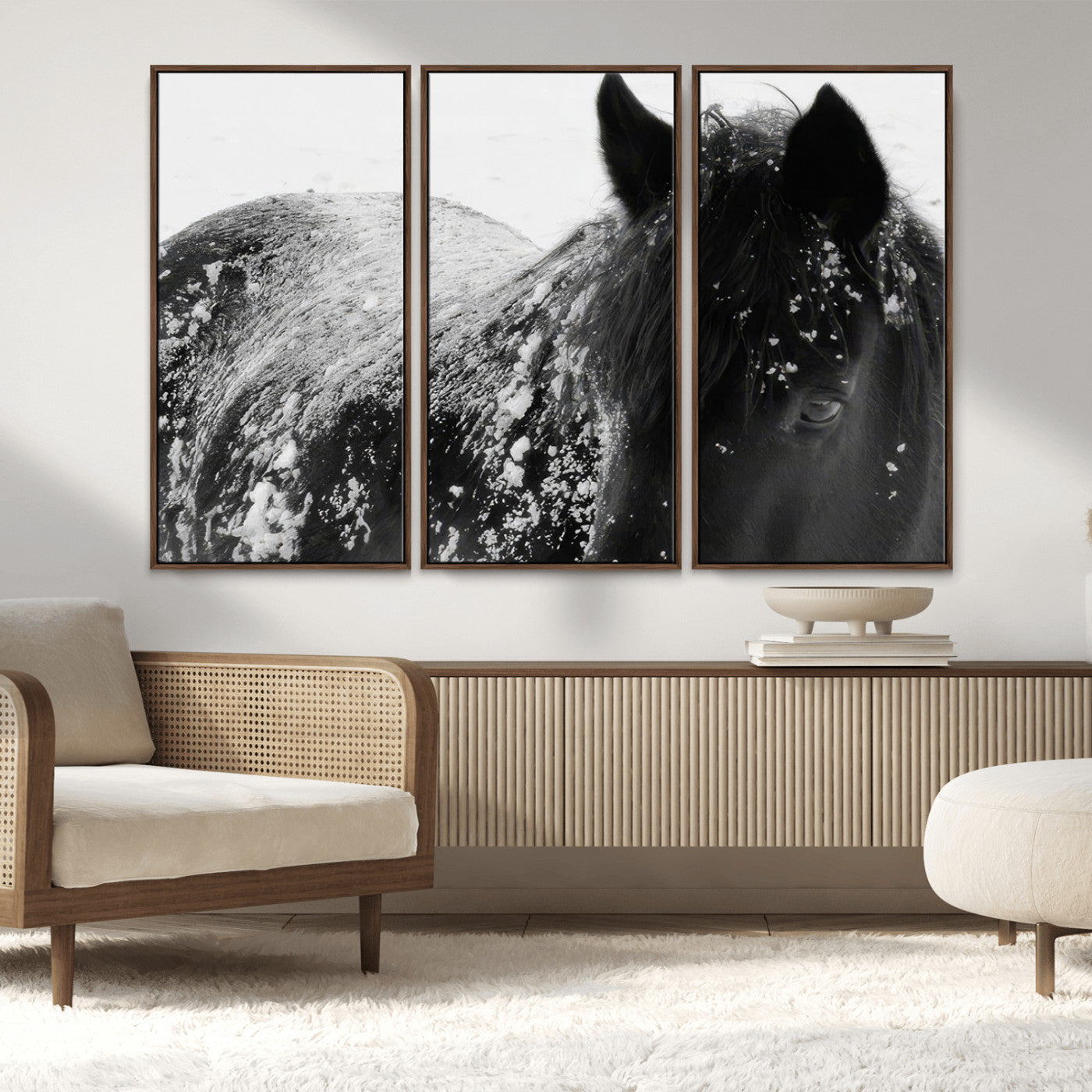 MGV-FC-48X32-3P - Black Horse in Snow Canvas Print | Winter Horse Wall Art | Ready to Hang and Framed | Farmhouse Wall