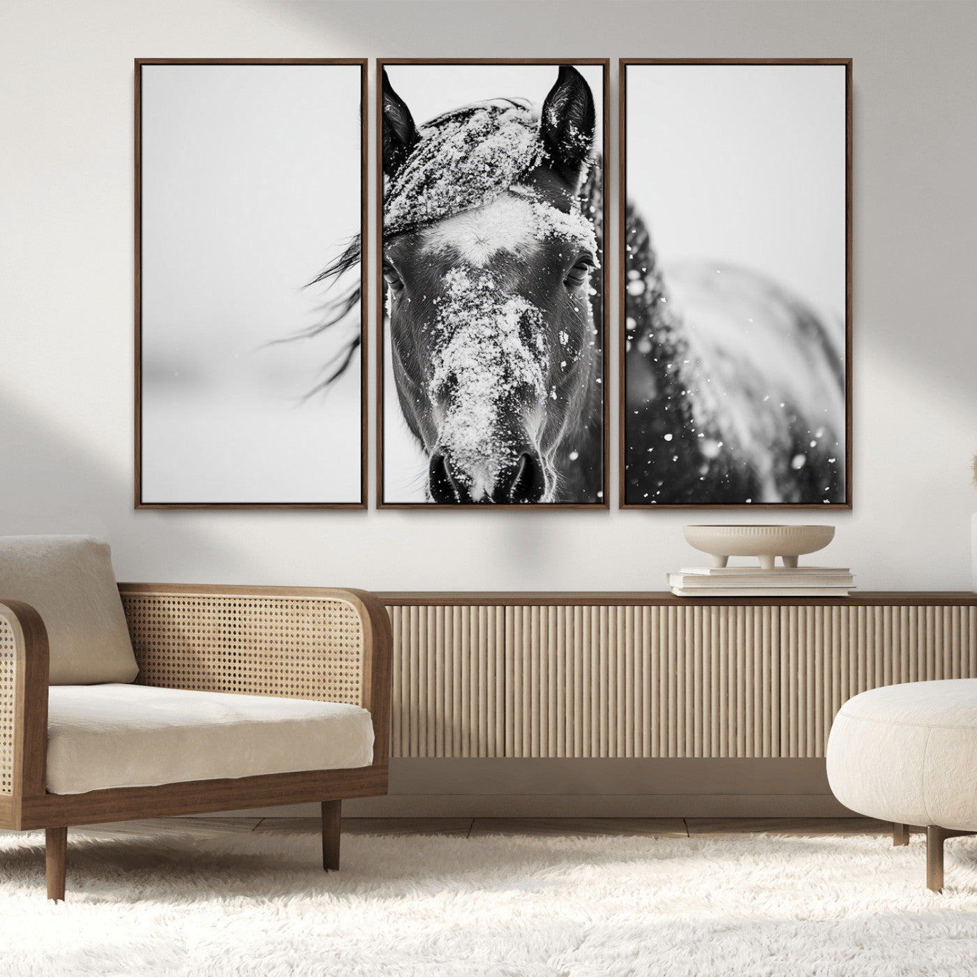 MGV-FC-48X32-3P - Western Wall Art | Black and White Winter Horse Wall Art | Ready to Hang and Framed | Farmhouse and