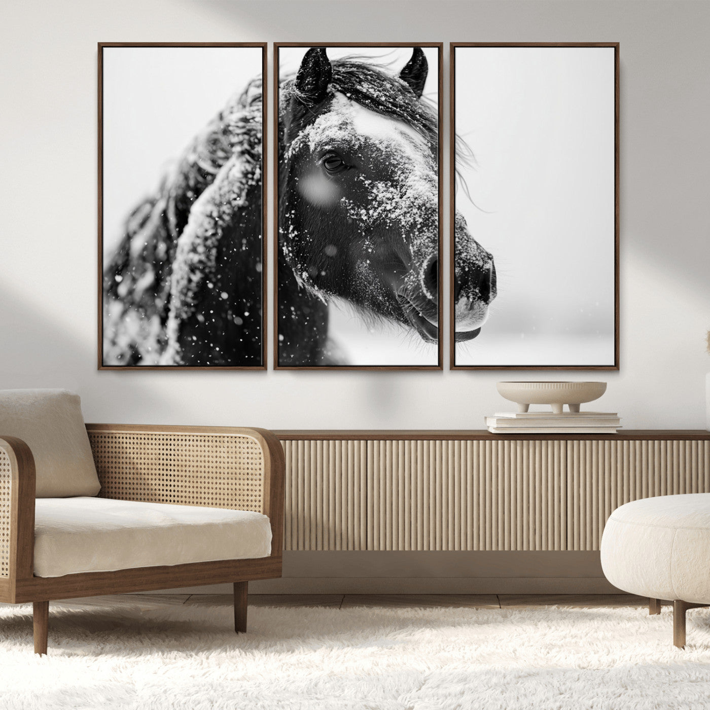 MGV-FC-48X32-3P - Winter Horse Canvas Print | Large 3-Panel Black White Equine Photography for Rustic Farmhouse Wall