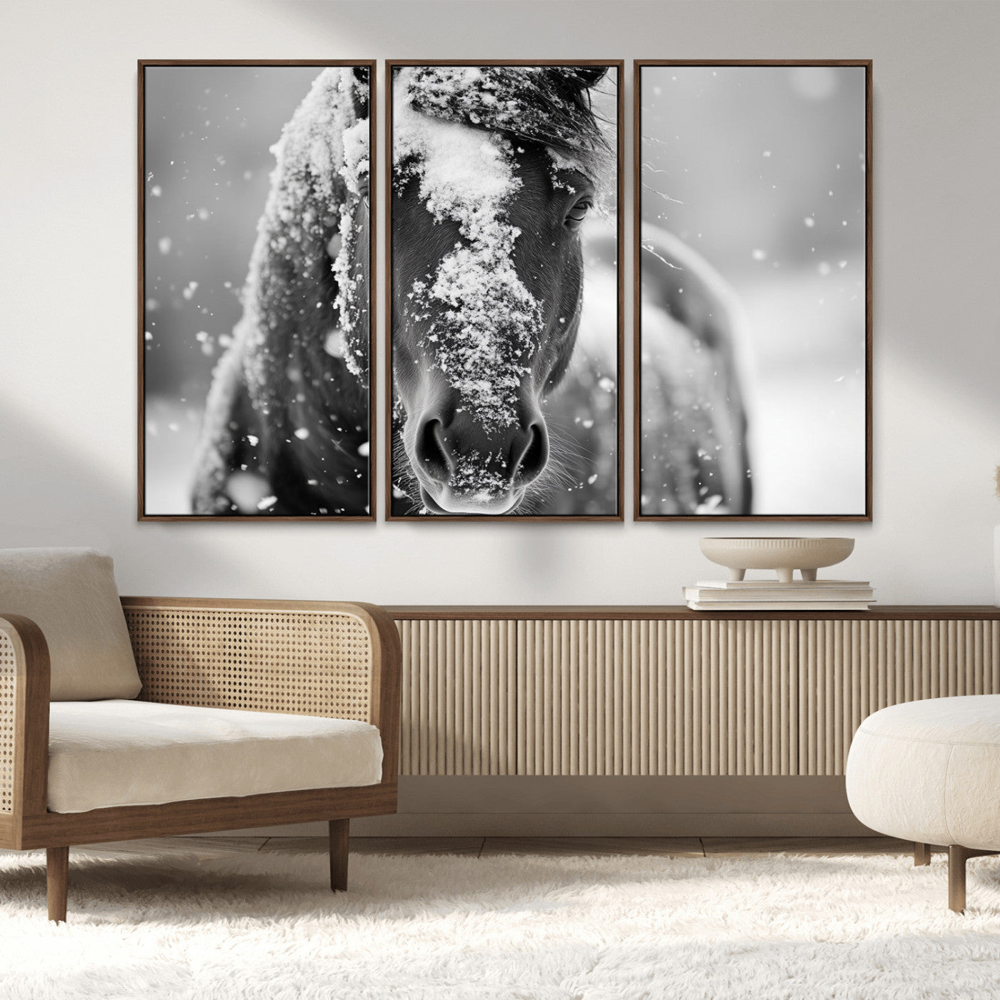 MGV-FC-48X32-3P - Black and White Horse Winter Wall Art | Ready to Hang and Framed | Farmhouse Wall Decor | Western