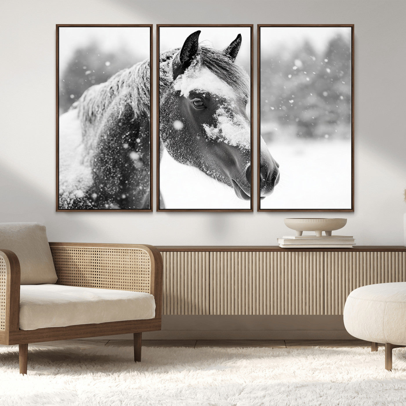 MGV-FC-48X32-3P - Black Horse Winter Wall Art | Ready to Hang and Framed | Farmhouse and Western Wall Decor for Living