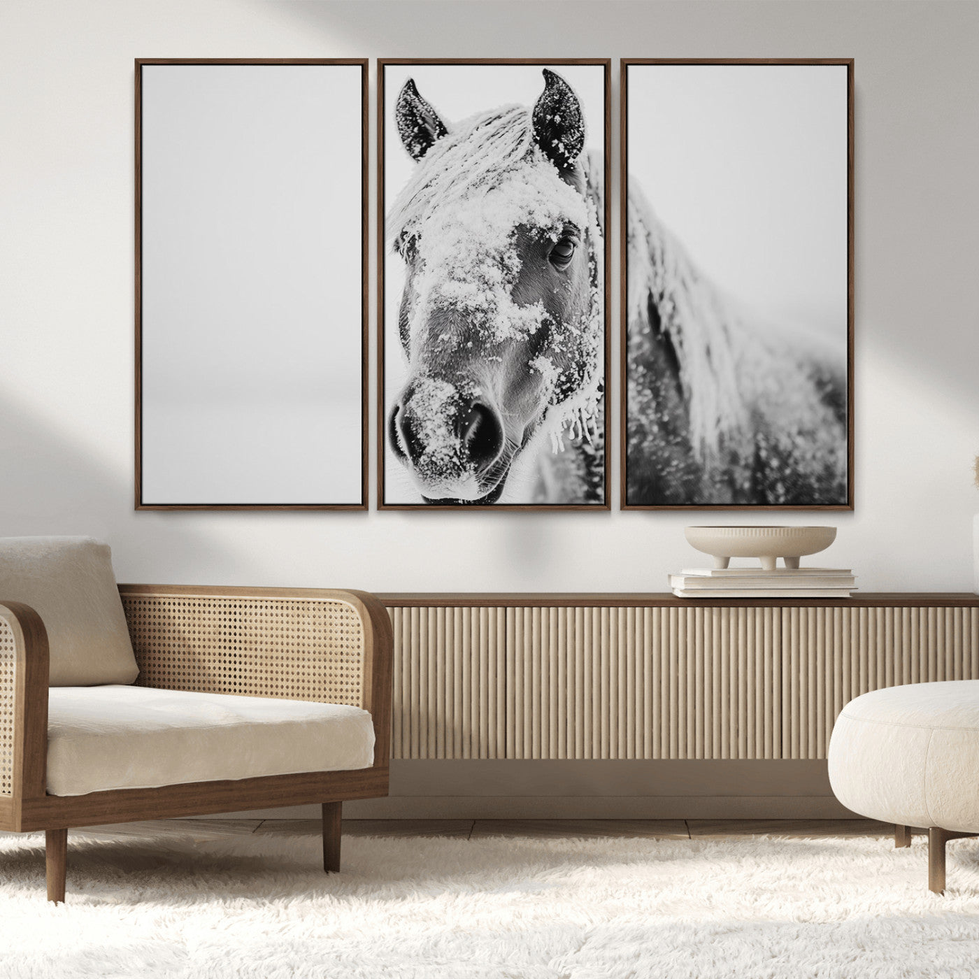 MGV-FC-48X32-3P - White Horse Wall Art | Ready to Hang and Framed | Winter Horse Wall Art Print for Farmhouse and