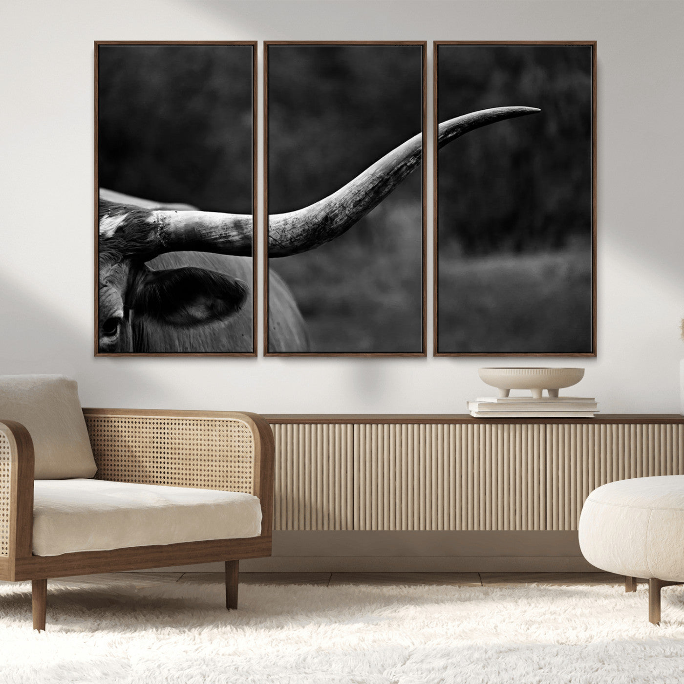 MGV-FC-48X32-3P - Cow Longhorn Wall Art | Black and White Print | Ready to Hang and Framed | Farmhouse Wall Decor |