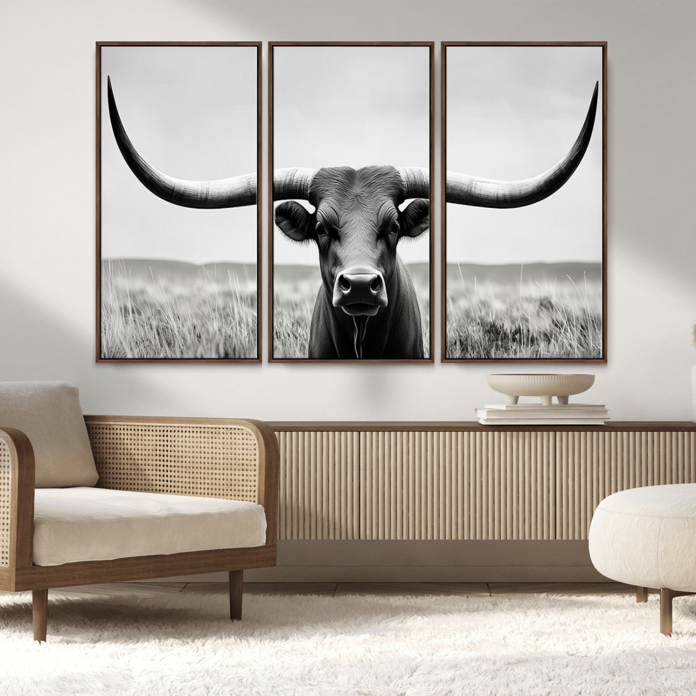 73780-MGV-FC-48X32-3P_Walnut-Longhorn Bull Canvas Print | Rustic Farmhouse Wall Art | Western Decor | Ready to Hang and Framed