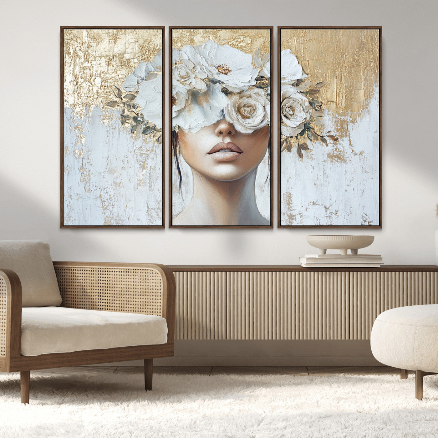 MGV-FC-48X32-3P - Golden Petal Wall Art - Canvas Print Flower Head Woman Painting Floral Woman Portrait Wall Decor,