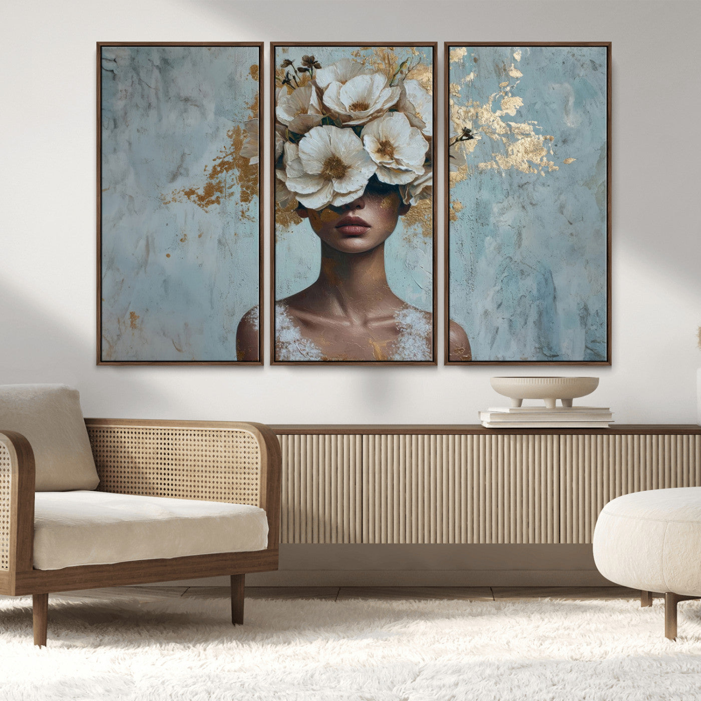 MGV-FC-48X32-3P - Golden Petal Wall Art - Petal Silhouette Woman Wall Art Canvas Print | Large 3-Panel Canvas with