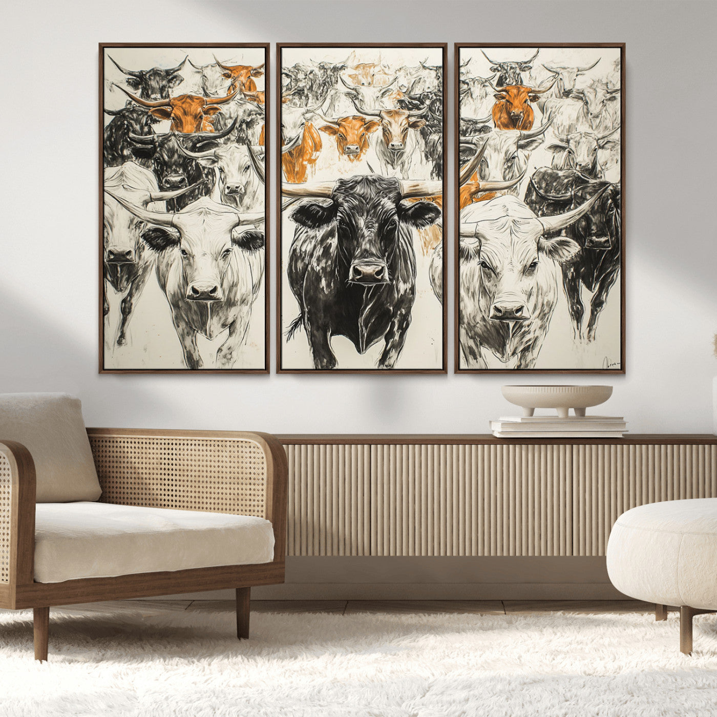 MGV-FC-48X32-3P - Texas Longhorn Wall Art - Herd Canvas Wall Art Print - Abstract Cow Drawing Wall Art Print for