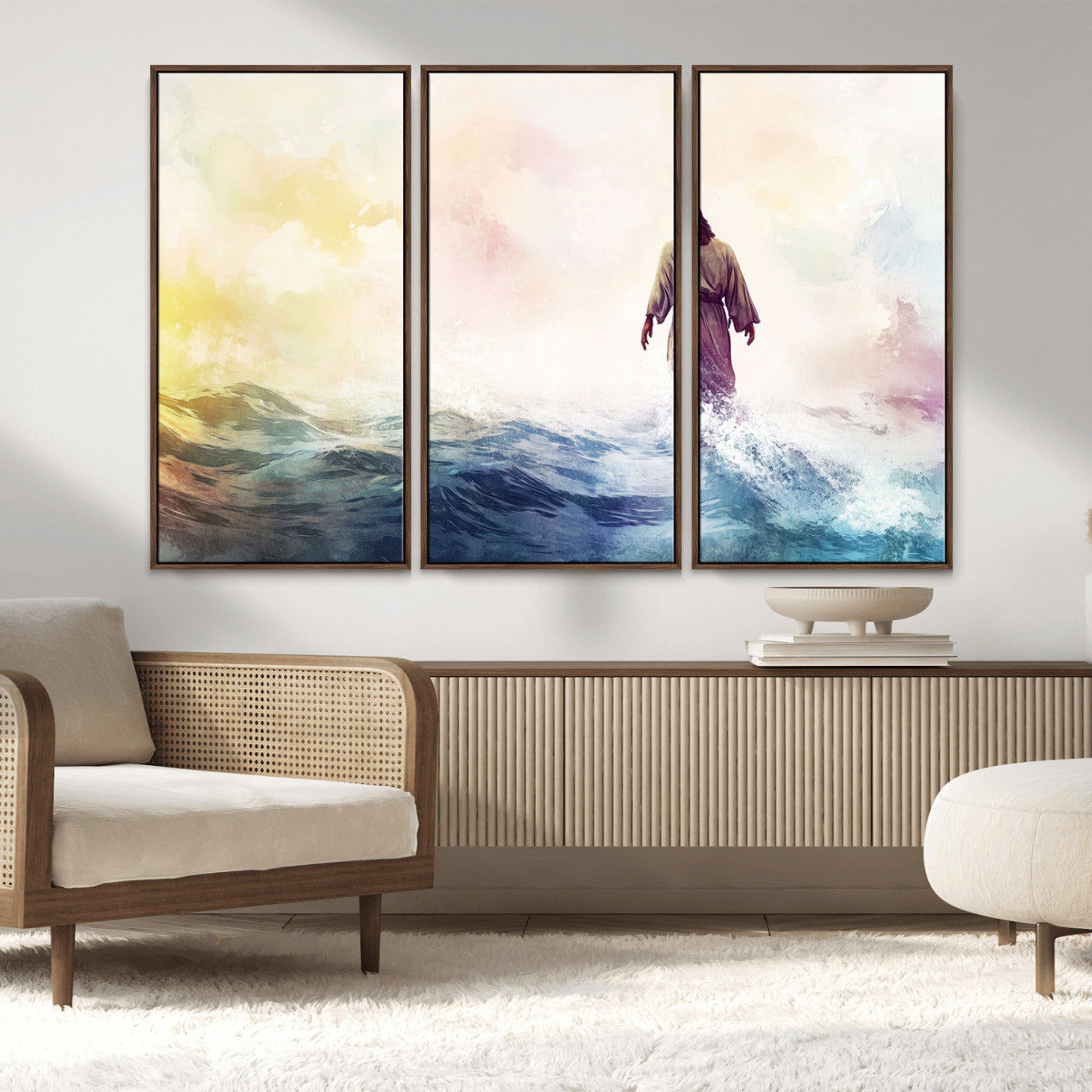 MGV-FC-48X32-3P - Watercolor Jesus Walking on Water Canvas Print, Christian Wall Art, Jesus Christ Walking