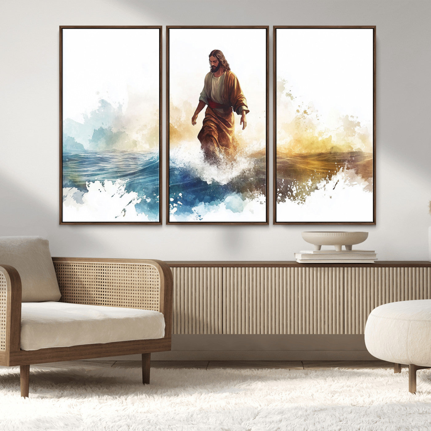 MGV-FC-48X32-3P - Watercolor Jesus Walking Wall Art Print, Jesus Water Canvas Print, Christian Wall Art, Jesus Christ