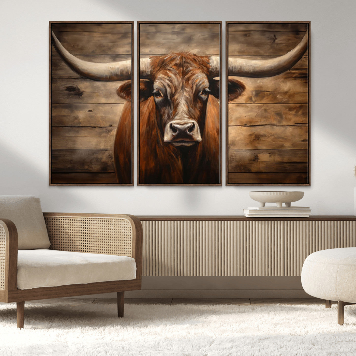 77556-MGV-FC-48X32-3P_Walnut-Longhorn Bull Wall Art | Canvas Print | Ready to Hang | Rustic Farmhouse Wall Decor | Western Barn