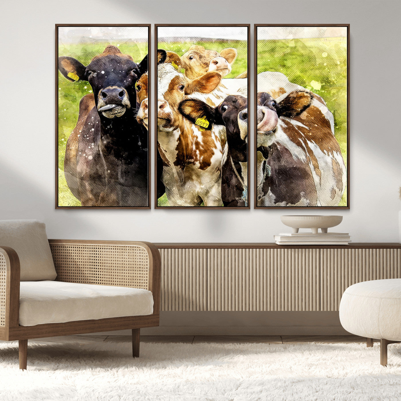 MGV-FC-48X32-3P - Curious Cows Farmhouse Wall Art | Ready to Hang and Framed Canvas Print | Rustic Farm Decor