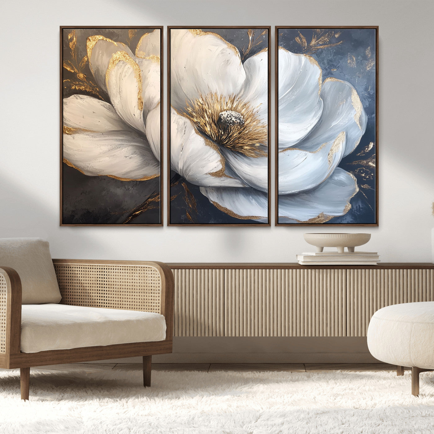 MGV-FC-48X32-3P - White Magnolia Flower Wall Art Canvas Print | Abstract Floral Wall Decor | Elegant Bloom Artwork |