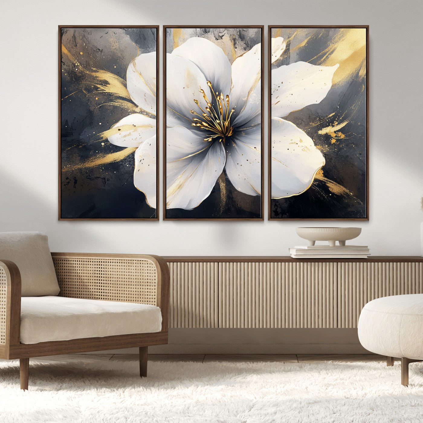 MGV-FC-48X32-3P - White Flower Wall Art Canvas Print | Ready to Hang | Abstract Floral Wall Decor | Elegant Bloom