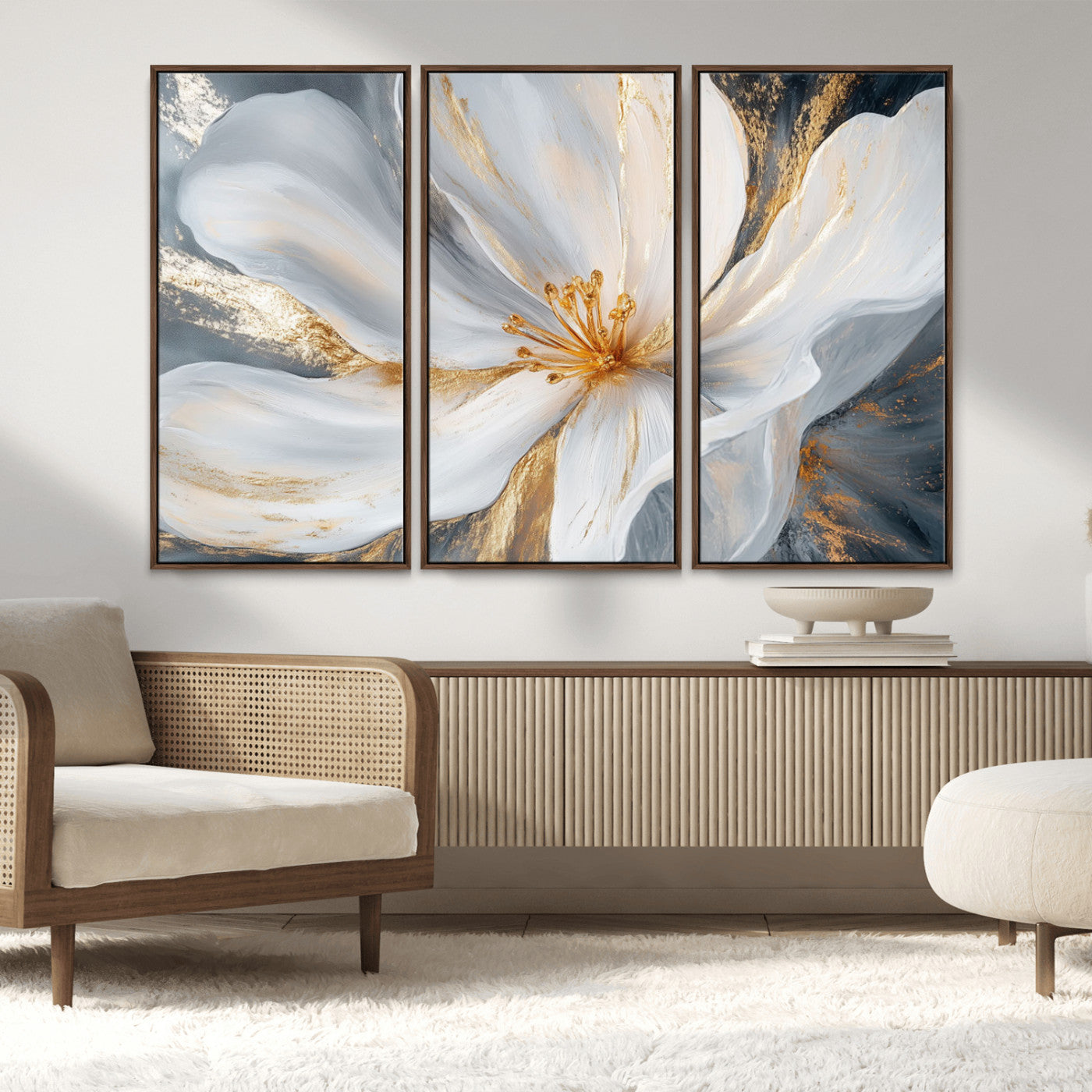 MGV-FC-48X32-3P - White and Gold Floral Canvas Wall Art - Framed and Ready to Hang - Perfect for Modern Living Rooms