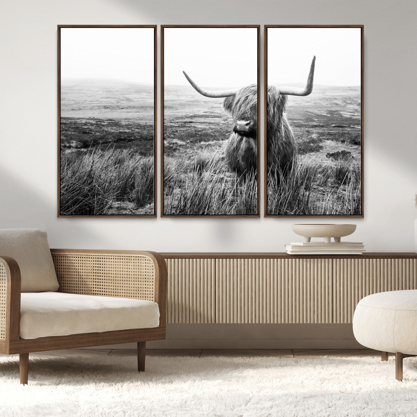 MGV-FC-48X32-3P - Scottish Highland Cow Wall Art | Black and White Canvas Print | Ready to Hang and Framed | Rustic