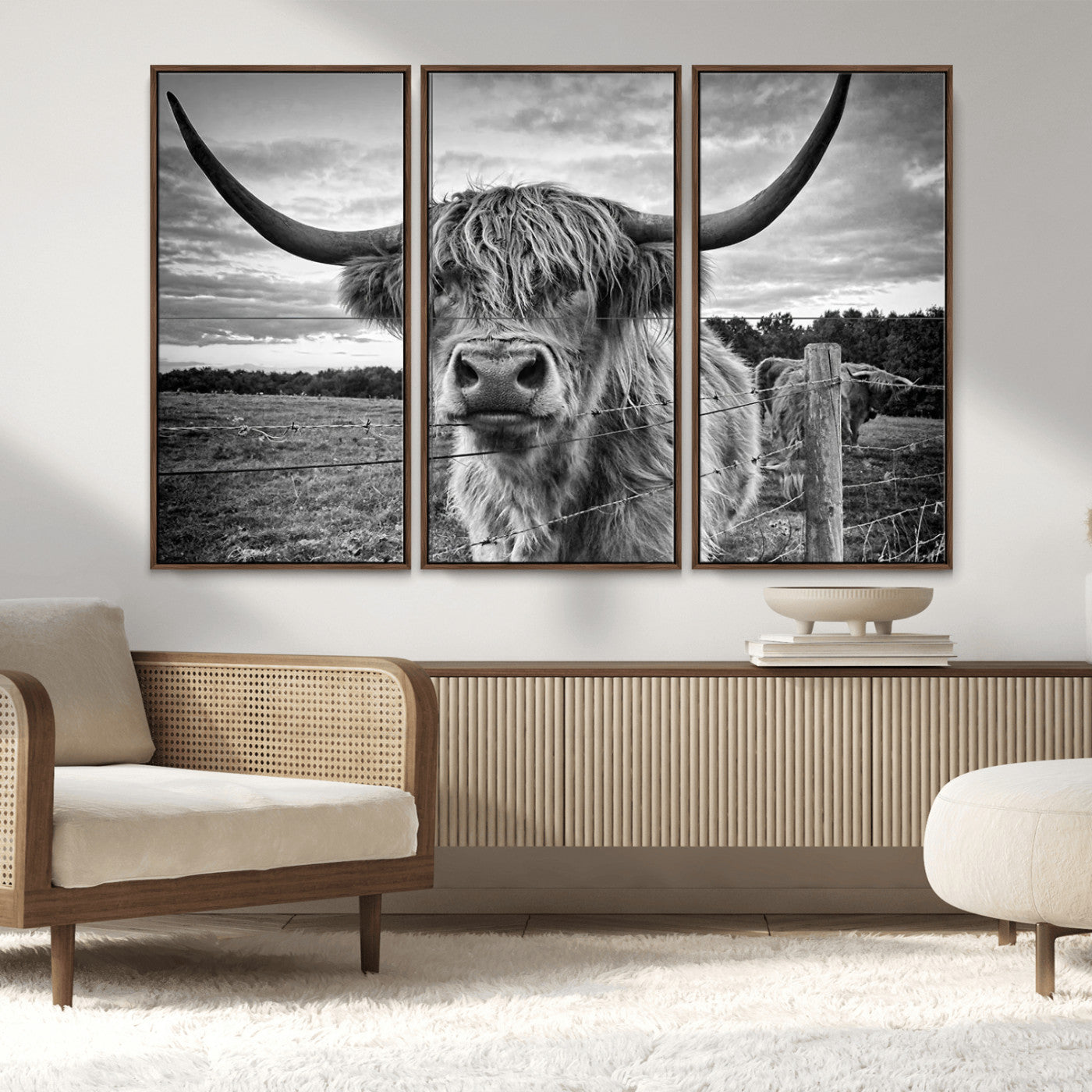 MGV-FC-48X32-3P - Scottish Highland Cow Wall Art Canvas Print | Ready to Hang and Framed | Rustic Farmhouse Decor