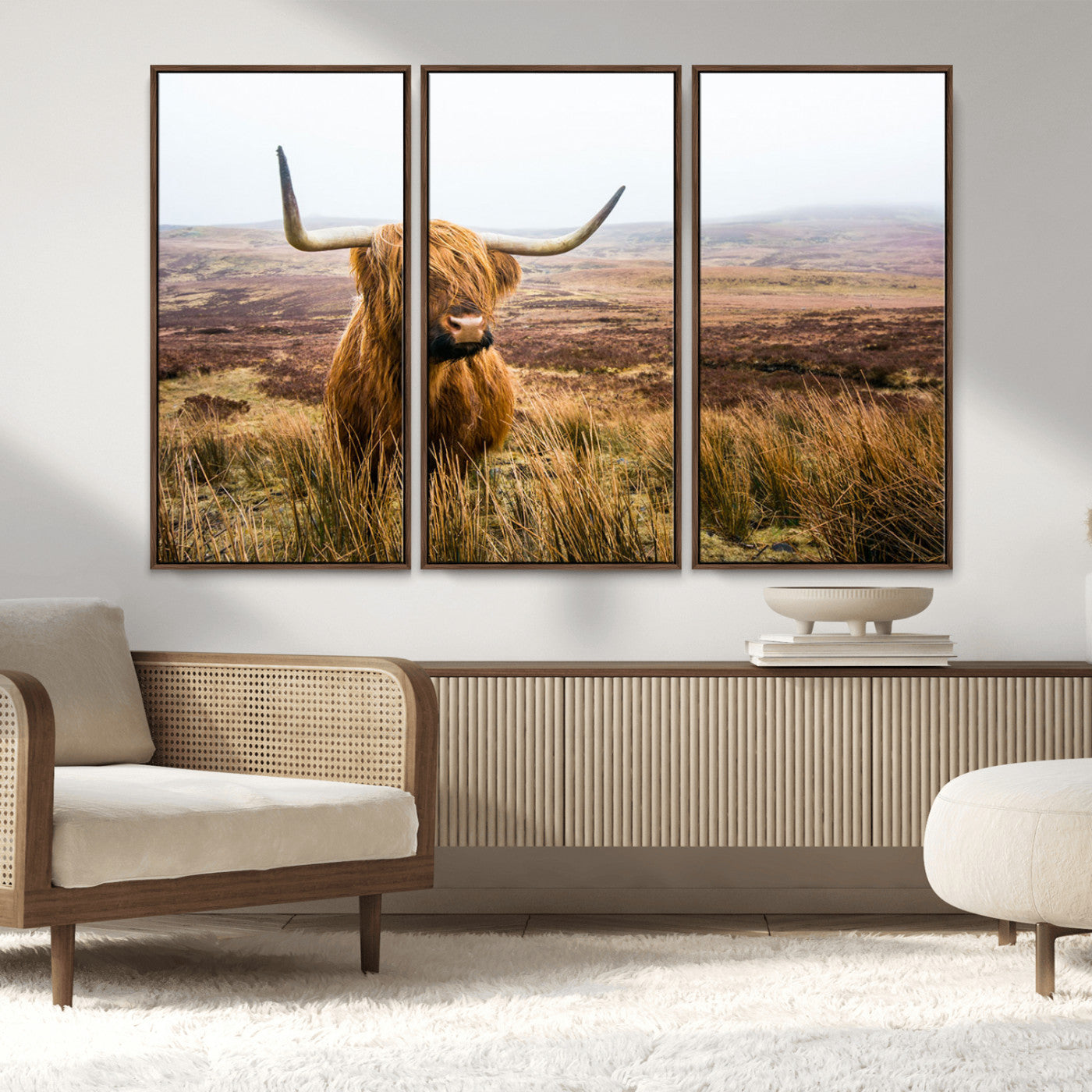 97274-MGV-FC-48X32-3P_Walnut-Scottish Highland Cow Canvas Wall Art – Rustic Farmhouse Charm with Highland Cattle – Ready to Hang