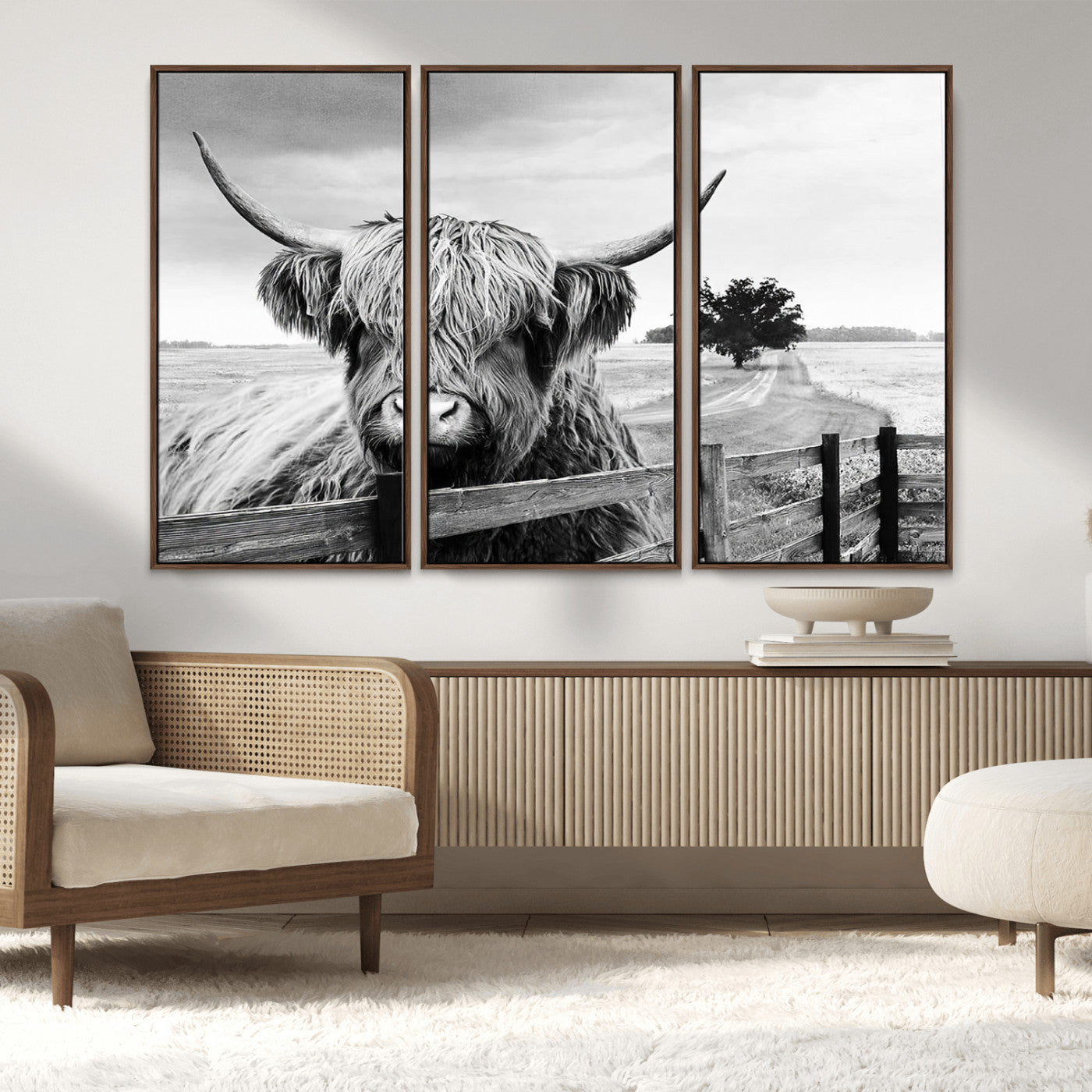 MGV-FC-48X32-3P - Scottish Highland Cow Wall Art | Rustic Farmhouse Décor | Black and White Ready to Hang Canvas Print