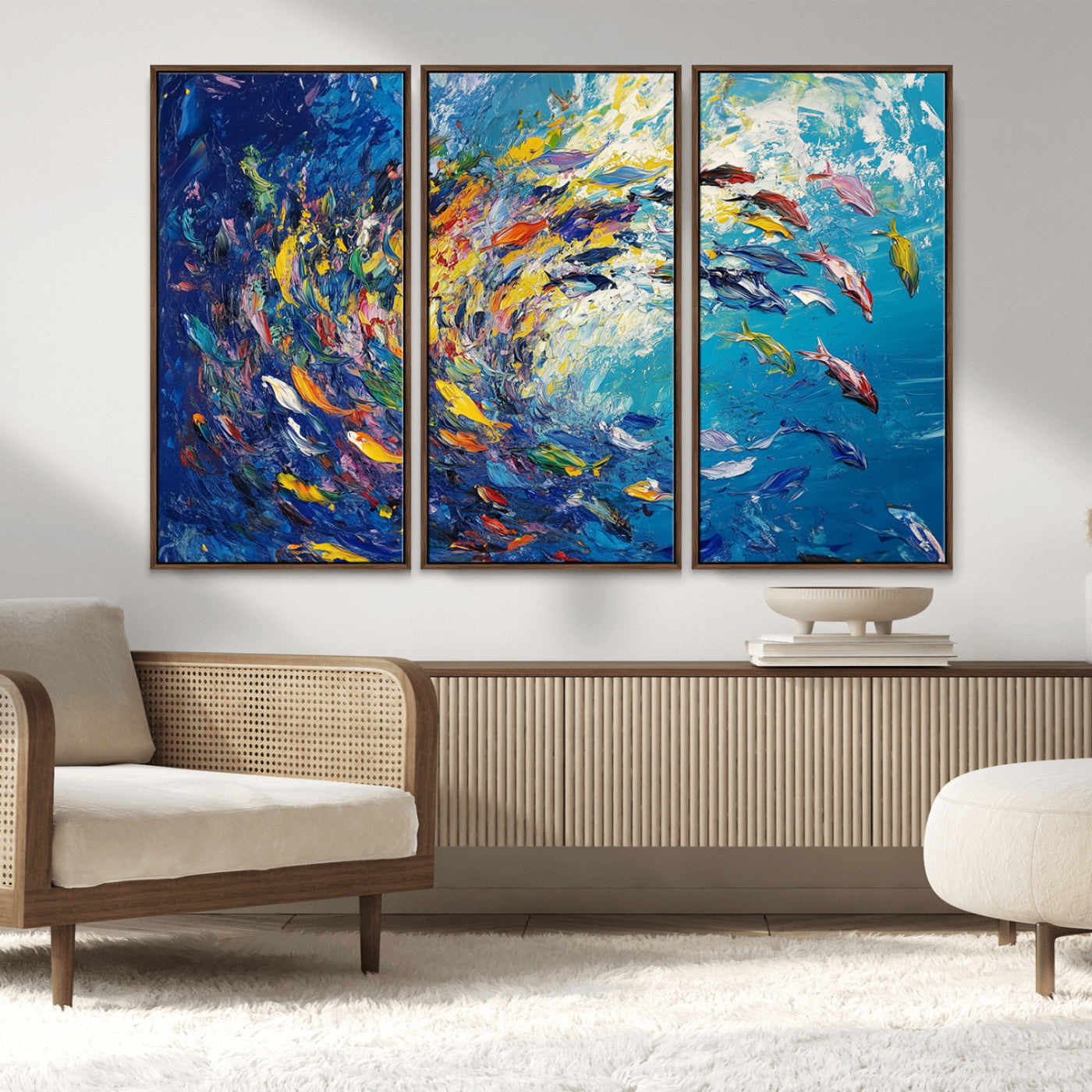 MGV-FC-48X32-3P - Colorful Swirling Fish School Wall Art Canvas Print | Oceanic Abstract Painting | Ready to Hang |