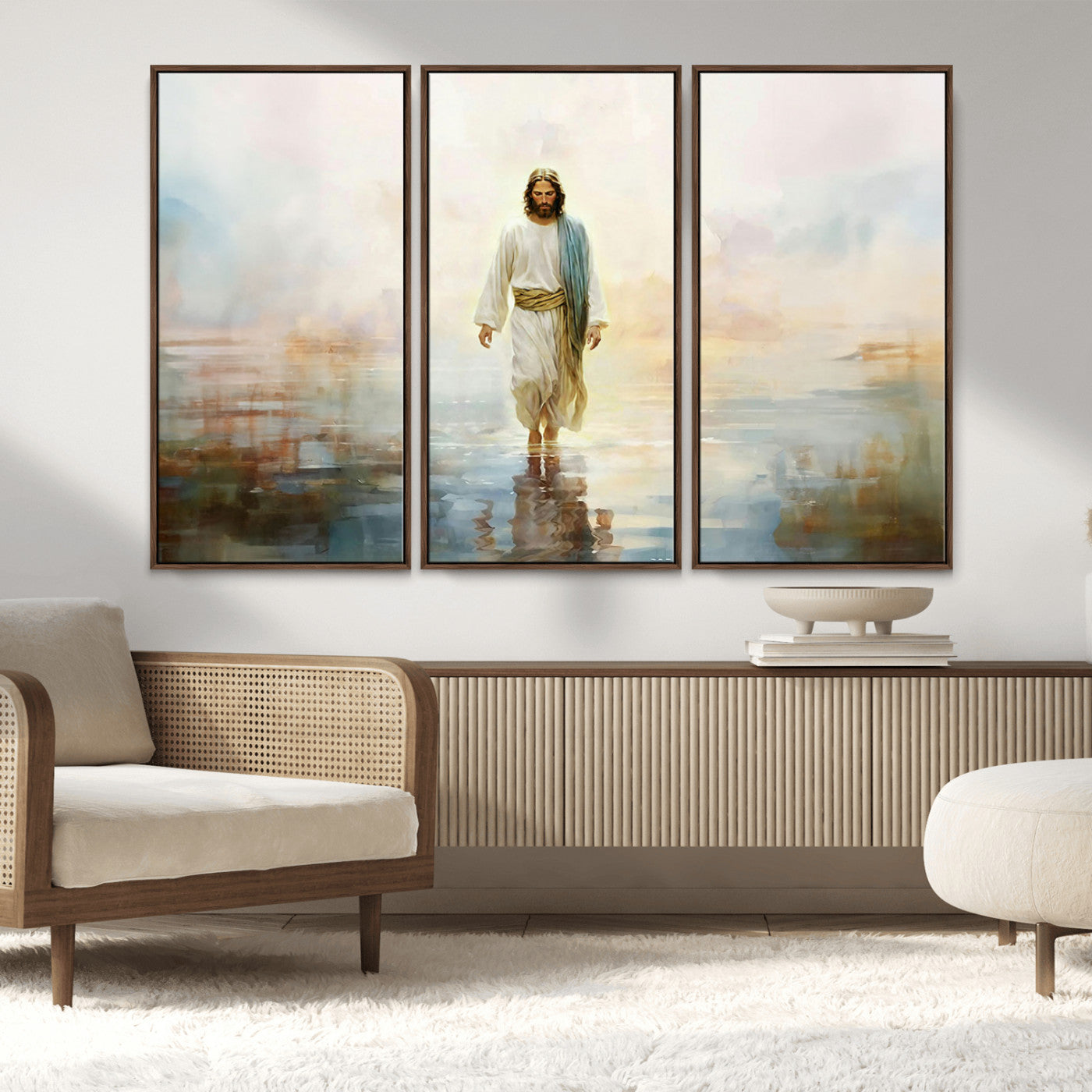 MGV-FC-48X32-3P - Framed Jesus Walking on Water Wall Art - 3-Panel Christian Canvas Prints, Religious Artwork for