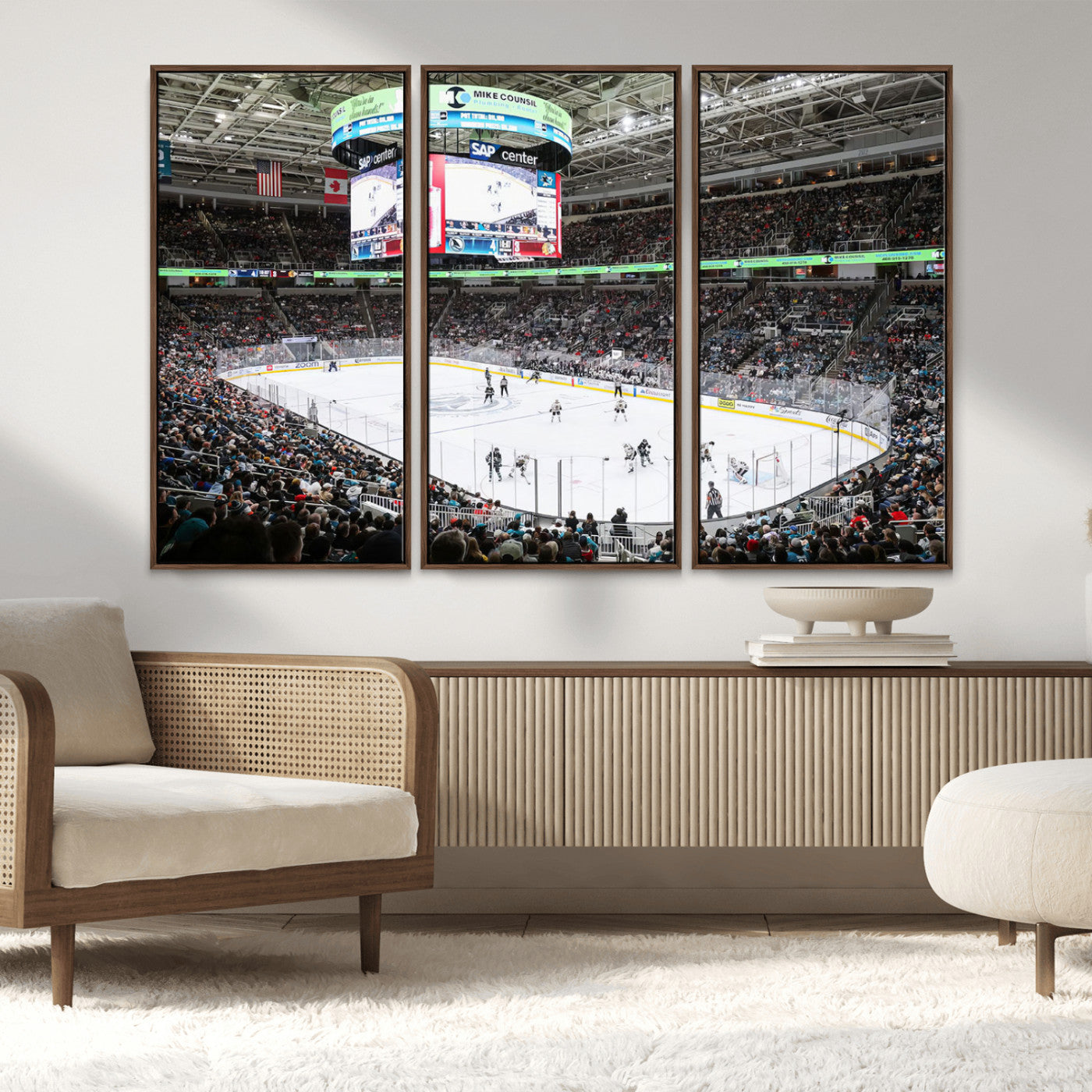 MGV-FC-48X32-3P - Sharks Arena Blackhawks Sharks Ice Hockey Stadium Wall Art Canvas Print, Framed Blackhawks Sharks