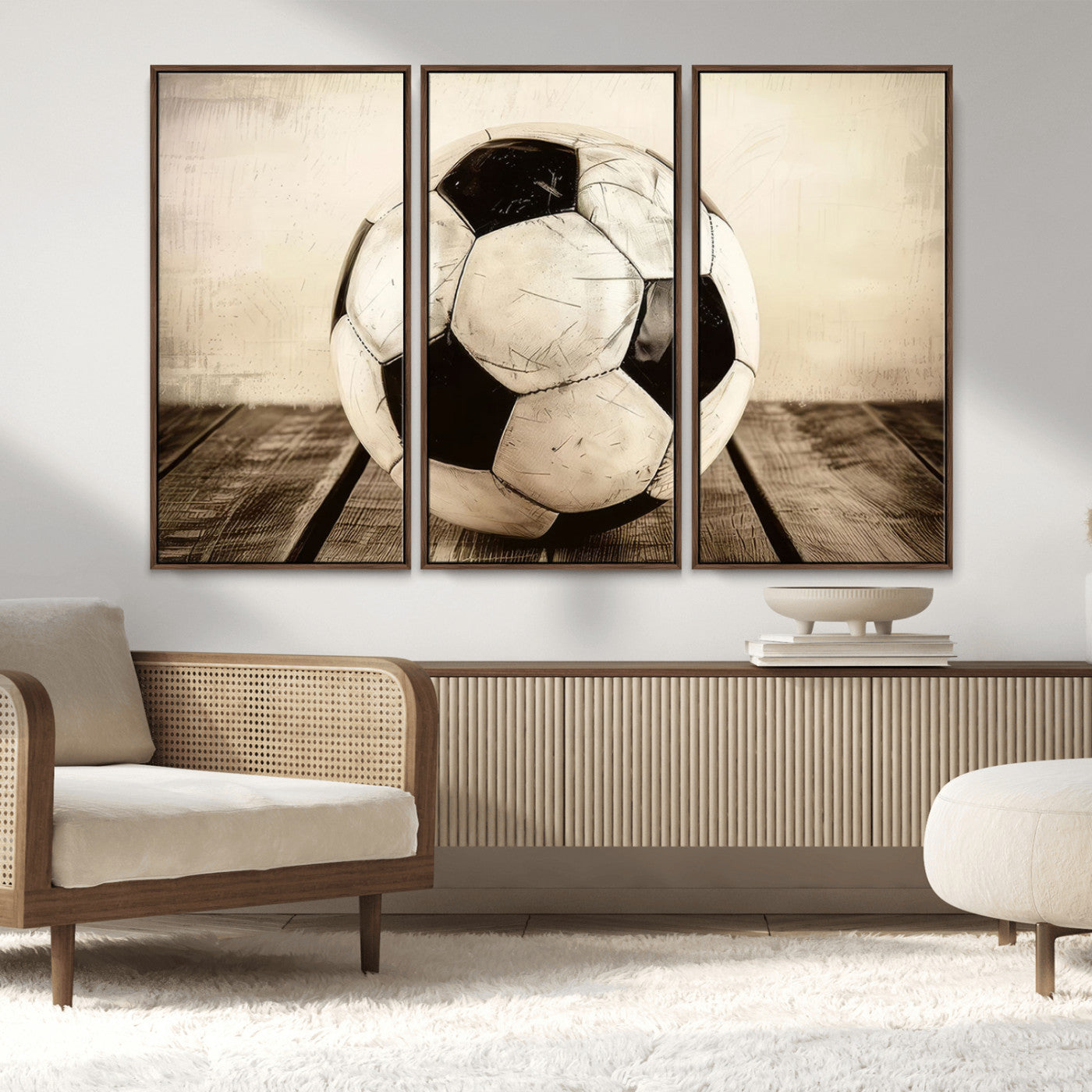 MGV-FC-48X32-3P - Vintage Soccer Ball Wall Decor Canvas Art – 3-Panel Soccer Wall Decor, Framed and Ready to Hang