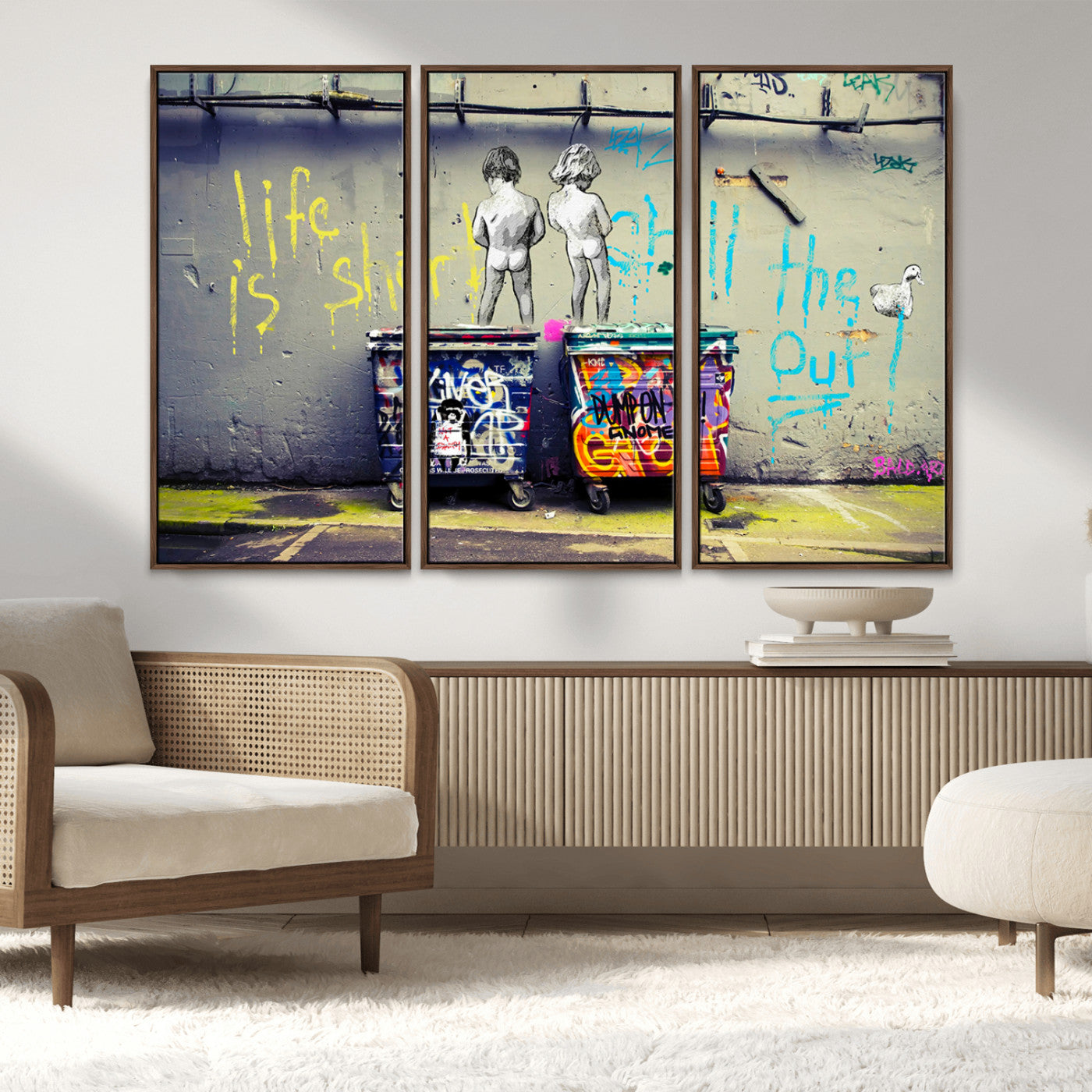 MGV-FC-48X32-3P - Banksy Life is Short Wall Art - Iconic Graffiti Art on Framed Ready-to-Hang Canvas - Street Art