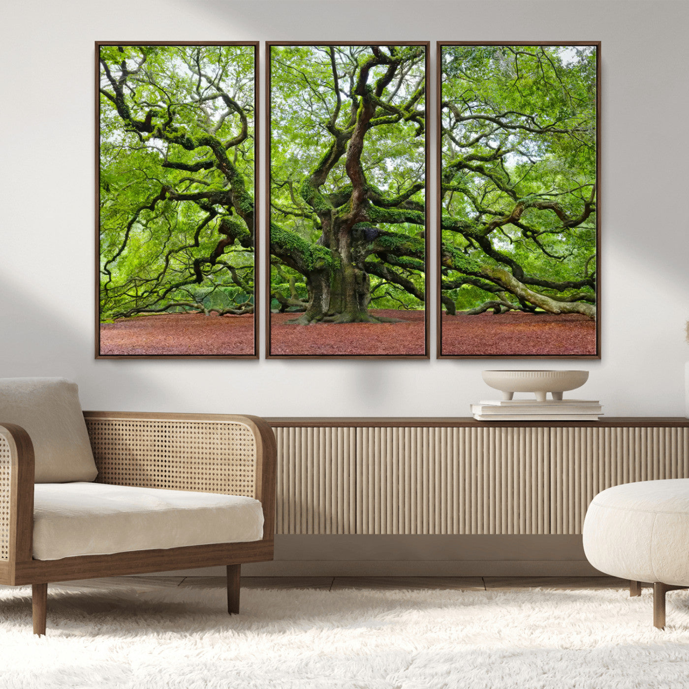 MGV-FC-48X32-3P - Framed Angel Oak Tree Wall Art - 3-Panel Canvas Prints, Large Green Nature Artwork, Ready to Hang
