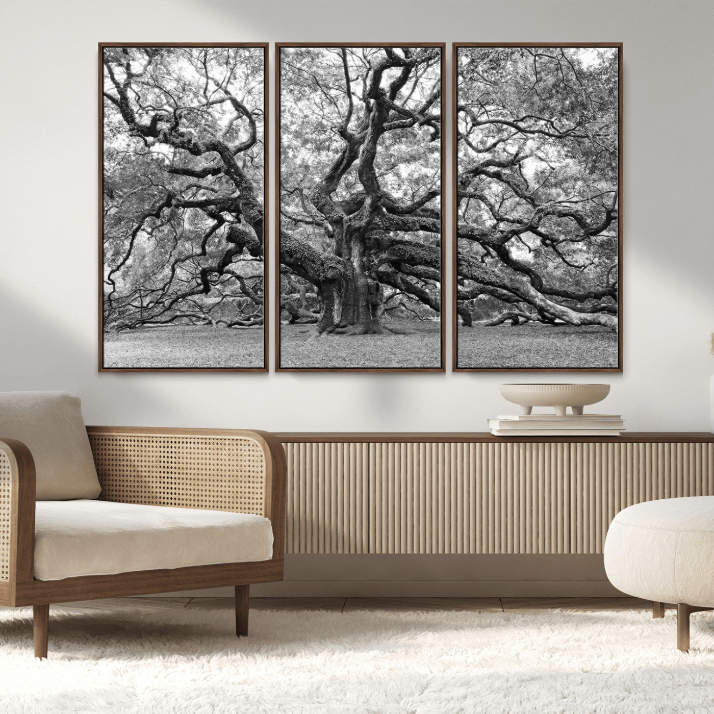 MGV-FC-48X32-3P - Black White Angel Oak Tree Wall Art - Timeless Nature-Inspired Canvas for Rustic, Modern, or